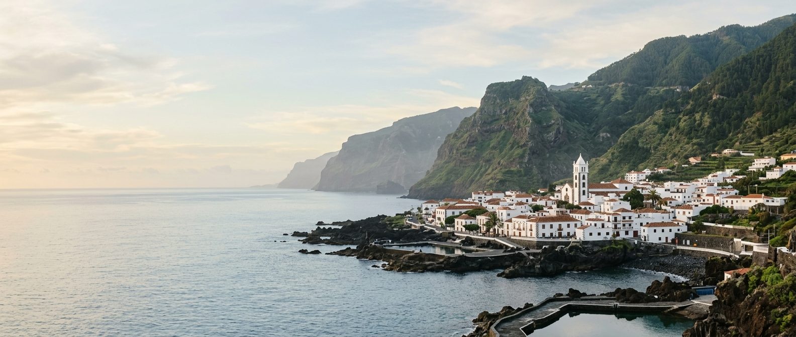 La costa de Garachico al amanecer, con el pueblo y las piscinas naturales