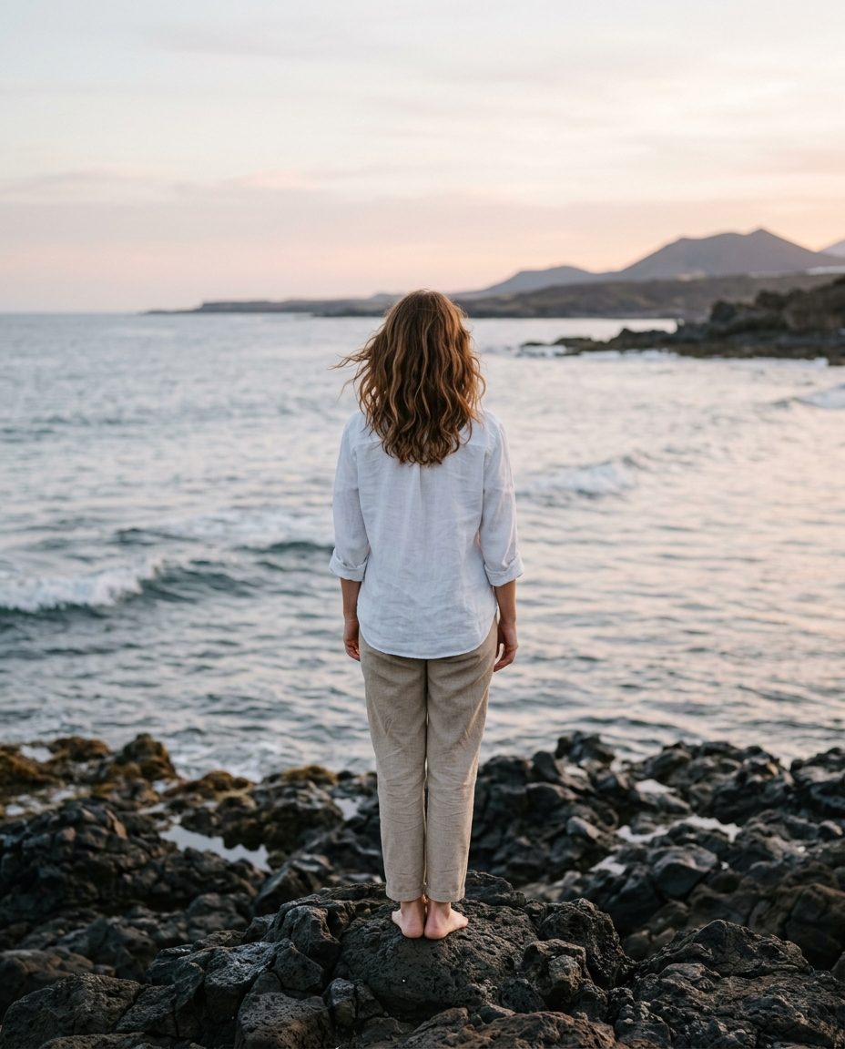 Una mujer de espaldas mira el mar en calma desde la costa volcánica de Tenerife